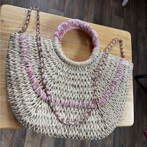 Straw Handmade Bag With Pink Accents and a removable Straps.